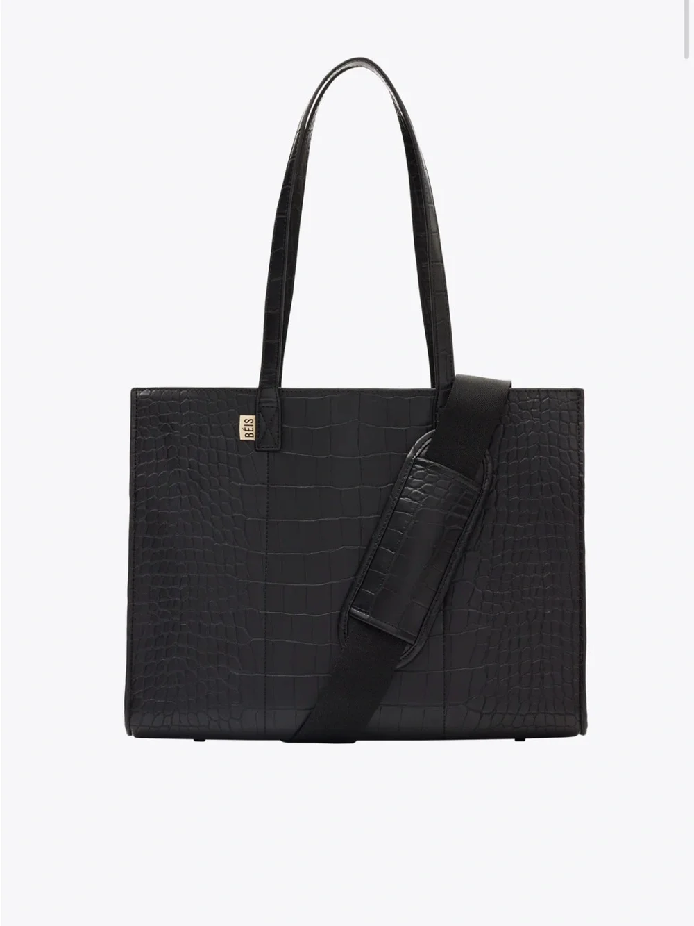BEIS Black Croc-Embossed Laptop Tote